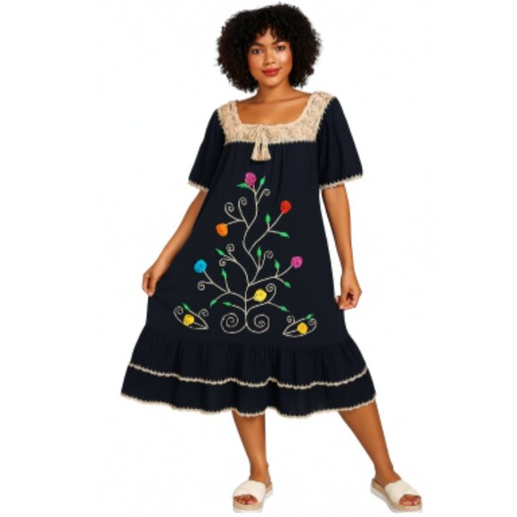 Chuchi Embroidered Boho Peasant Dress Black Crochet Lace Ruffle Hem - Picture 1 of 11